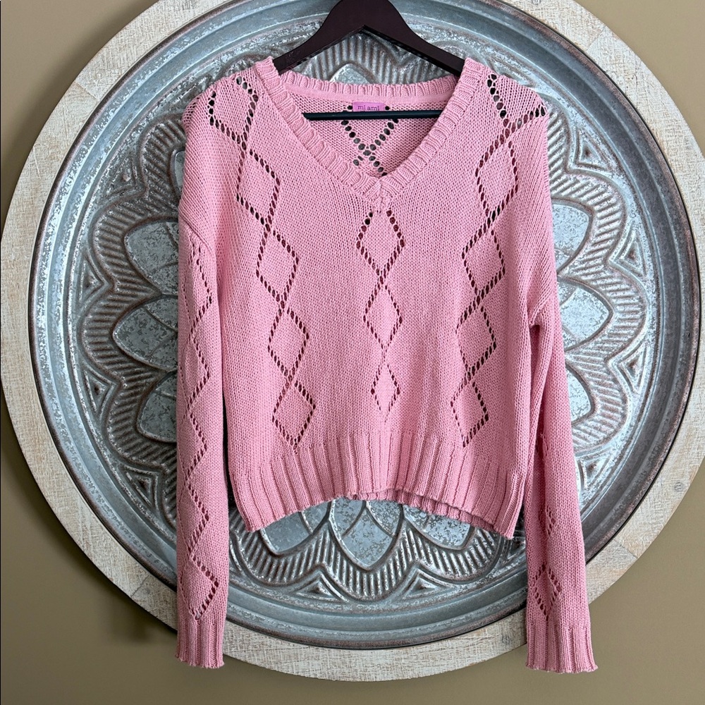 New- Francesca's Collections Pink V-Neck Open Knit Design Layering Sweater